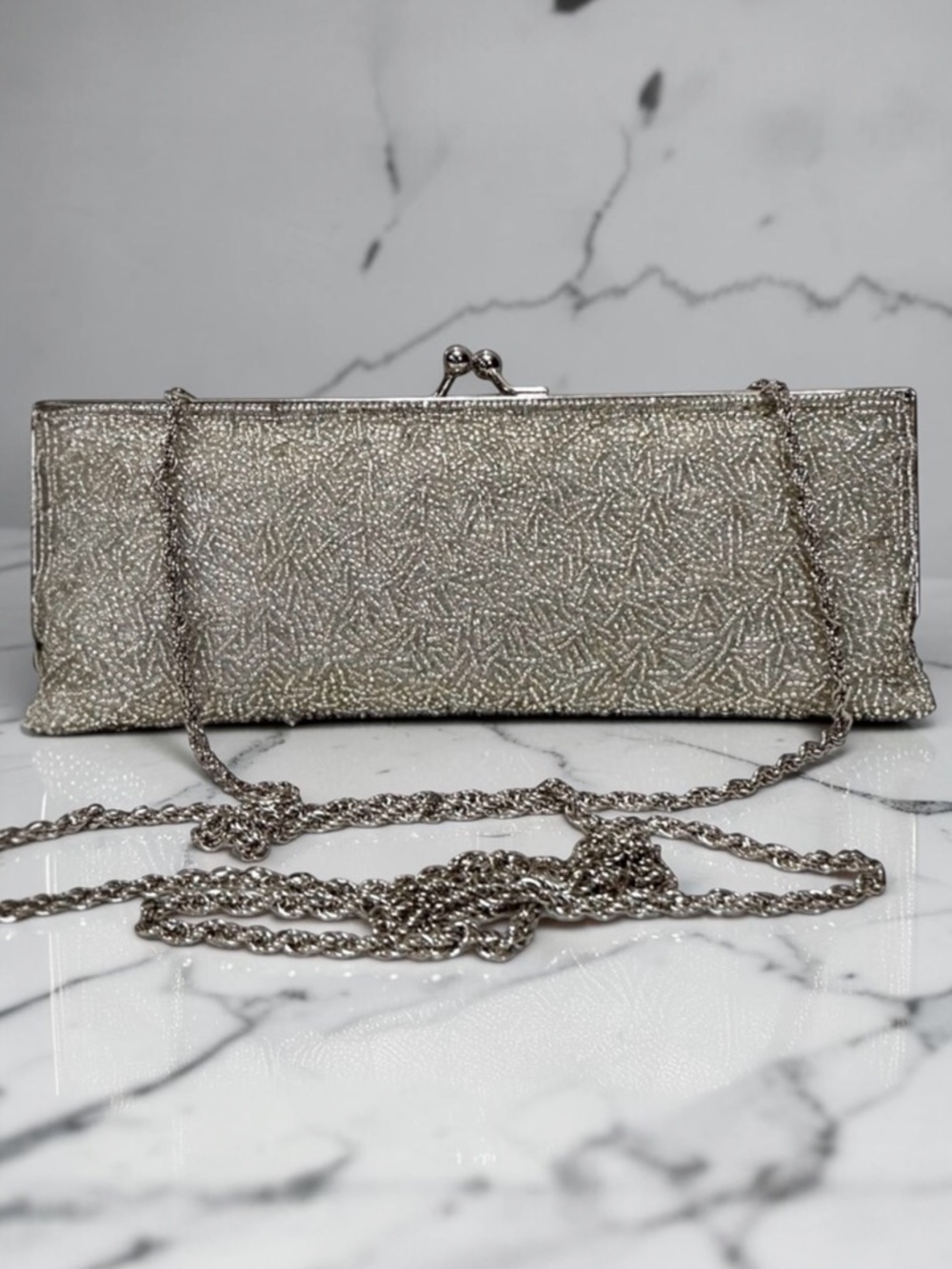 La Regale Vintage Silver Beaded Sequined Evening Bag Clutch